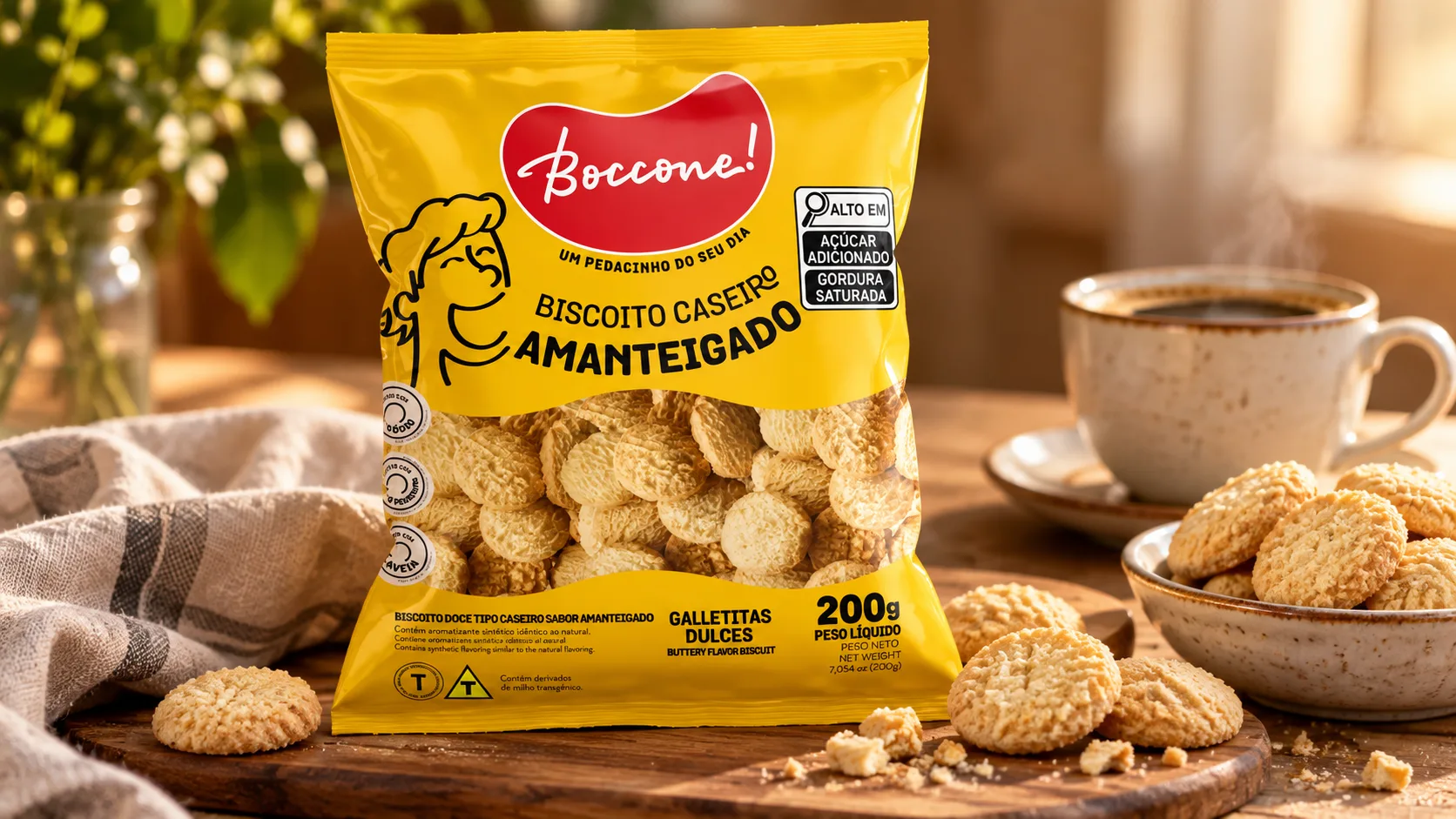 Biscoito Caseiro Amanteigado Boccone 200g com biscoitos e uma xícara de café