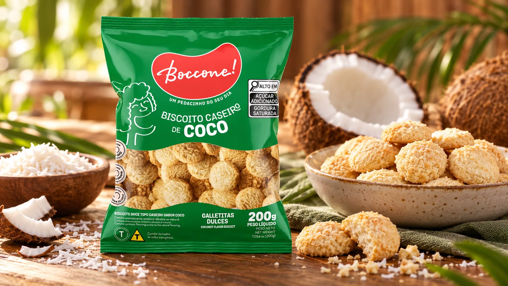 Biscoito Caseiro de Coco Boccone 200g com coco fresco e tigela de biscoitos