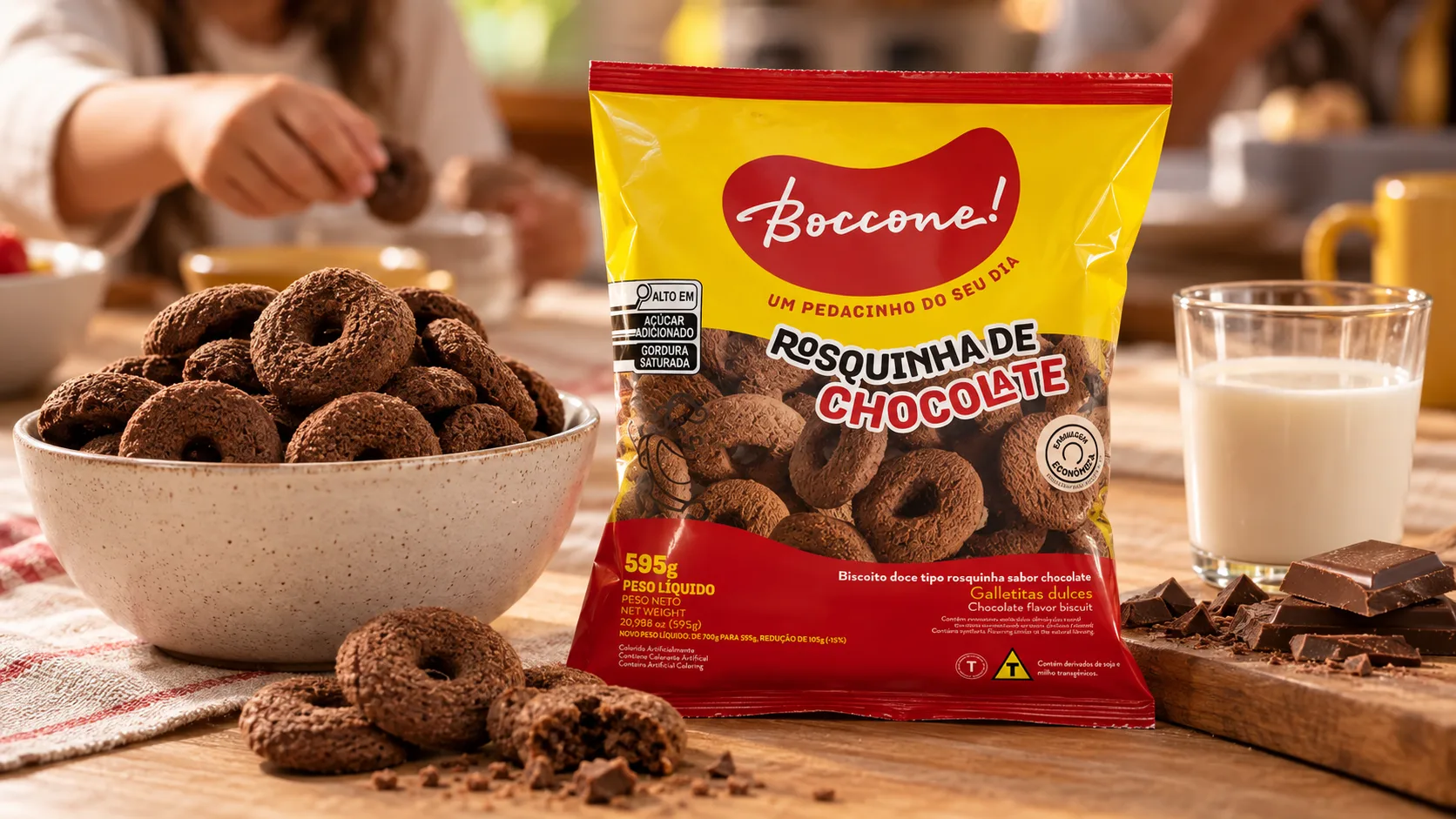 Rosquinha de Chocolate Boccone 595g na mesa do café, com tigela de rosquinhas e copo de leite
